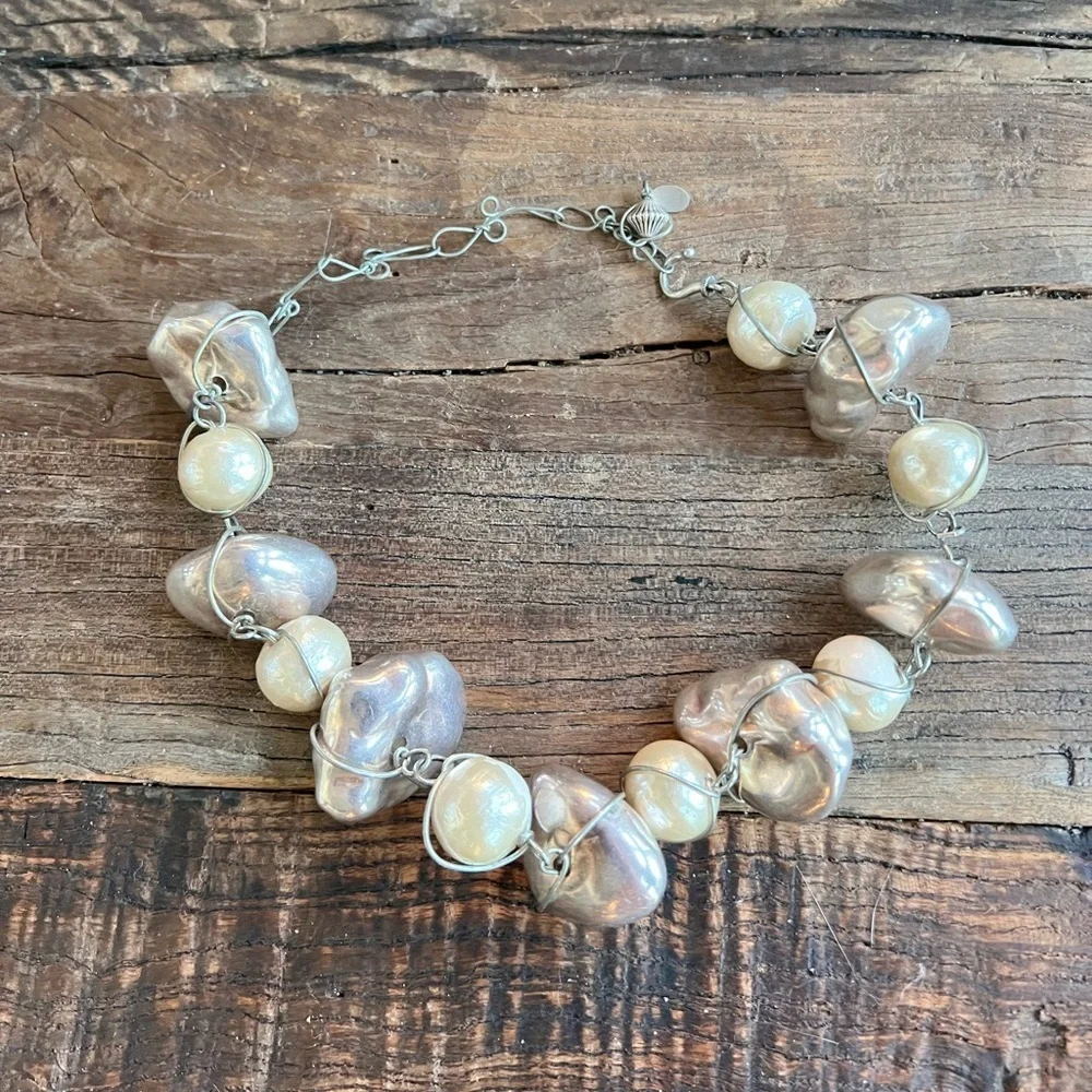 Abra Couture Silver Rock  & faux pearl  Necklace Silver Wire Handmade 14